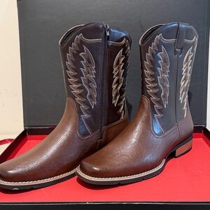 2 PAIRS! Men's Brown Western Vegan Leather Boots with Lace Up Flats Dress Shoe